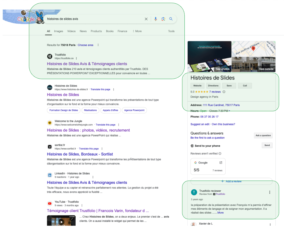 Avis dans les résultats de recherche Google
